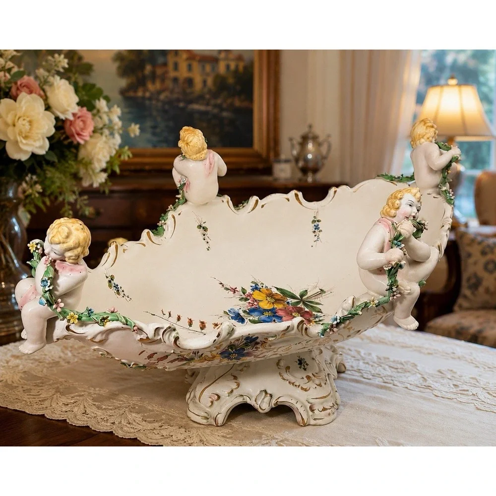 Vintage Capodimonte Italy Cherub Centerpiece Bowl Hand Painted Signed 20x10x9